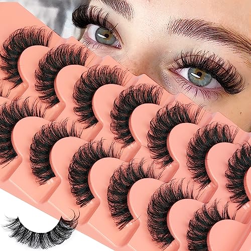 False Eyelashes Cat Eye Lashes 14mm DD Curl Russian Lashes Natural Strip Lashes Fluffy Eyelashes Russian Strip Lash Volume Fake Lashes 7 Pairs by