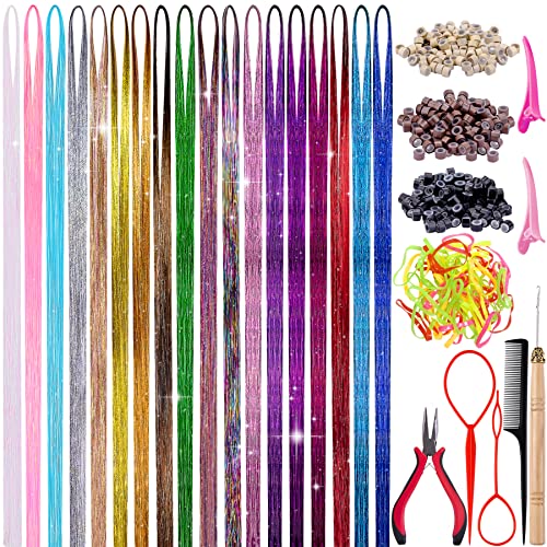 FEQO Hair Tinsel Kit with 3600 Strands Hair Tinsel 48 Inches 18 Colours Heat Resistant Sparkle Shiny Tinsel Hair Extensions Micro Beads Pulling L