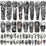 Metuu 46 Sheets Full Arm Waterproof Temporary Tattoos For Men(L22.8“xW7”), Tiger Clock Flower Skeleton Animals Fake Tattoos For Adult Men and Wom