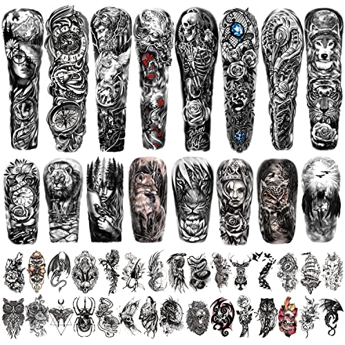 Metuu 46 Sheets Full Arm Waterproof Temporary Tattoos For Men(L22.8“xW7”), Tiger Clock Flower Skeleton Animals Fake Tattoos For Adult Men and Wom