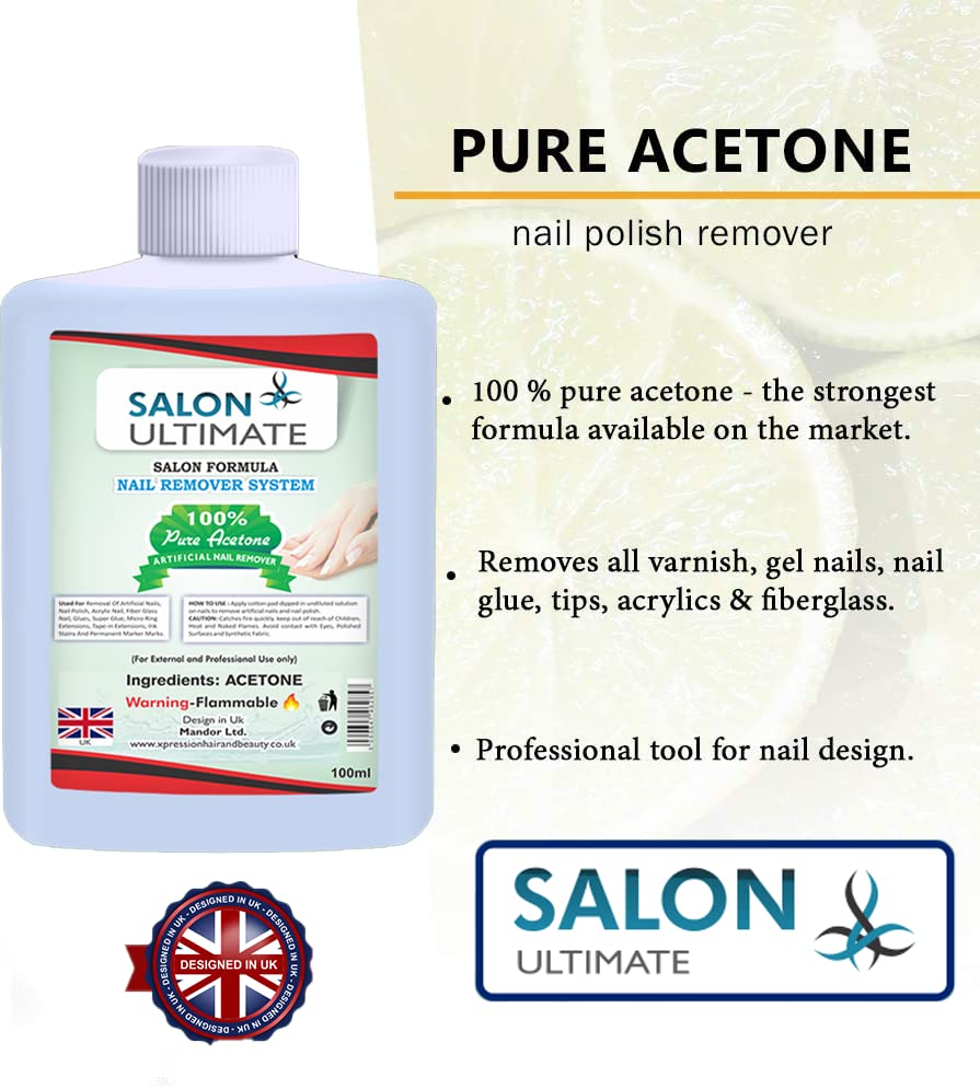 SALON ULTIMATE Professional 100% Pure Acetone Nail Polish Remover, UV/LED GEL Soak Off, Easily & Quickly Removes All Types of Nail Polish, Acryli