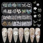 Nail Art Rhinestones and Pearls,2 Boxes Butterfly Bowknot Flower Nail Art Charms,Aurora Bear 3D Nail Art Decorations for Nail Art Design DIY Craf