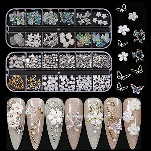 Nail Art Rhinestones and Pearls,2 Boxes Butterfly Bowknot Flower Nail Art Charms,Aurora Bear 3D Nail Art Decorations for Nail Art Design DIY Craf