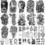 Yazhiji 36 Sheets Temporary Tattoos Stickers, 12 Sheets Fake Body Arm Chest Shoulder Tattoos for Men or Women with 24 Sheets Tiny Black Temporary