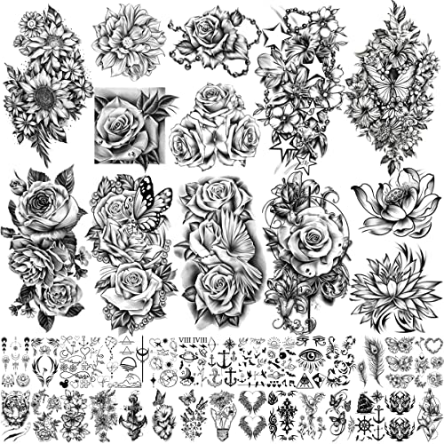 Metuu 46 Sheets Full Arm Waterproof Temporary Tattoos For Men(L22.8“xW7”), Tiger Clock Flower Skeleton Animals Fake Tattoos For Adult Men and Wom