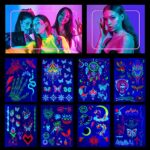 DIVAWOO 8 Sheets Glow in the Dark Neon Temporary Tattoo,UV Blacklight Neon Glow Fake Tattoos, Rave Festival Accessories for Women Party Supplies