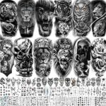 LAROI 69 Sheets Black Animals Temporary Tattoos For Men Women Adults, Lion Wolf Tiger Gangster Fake Tattoo Stickers, Halloween Owl Rose Flower Sk