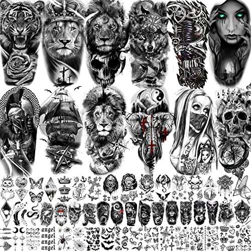 Bilizar 63 Sheets Tribal Wolf Lion Tiger Temporary Tattoos For Men Women Adults, Scary Halloween Skull Gangster Fake Tattoo Stickers Kids, Small