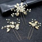 Pearl Bride Wedding Hair Pins, Leaf Bridal Head Piece Flower Hair Accessories for Women and Girls, Gold Handmade (3 Pcs)