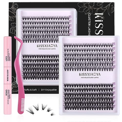 Cluster Eyelashes Extensions Kit, 240 Pcs 20D+40D 9-14mm 0.07D Curl Mixed Individual DIY Lashes with Lash Bond & Seal and Applicator,Cluster Lash