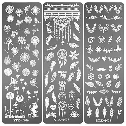 MWOOT 6Pcs Nail Art Stamping Plates Set,Flower Leaf Butterflies Feathers Nail Stencils Plates Manicure Print Tool,Nail Plates Image Stamp Templat