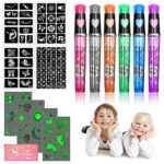 Temporary Tattoo Pen - Vaktop Tattoo Marker, 6 Tattoo Marker Pen with 4 Sheets Luminous Tattoos and 5 Stencil, Glitter Tattoo Gel Pens - for Kids