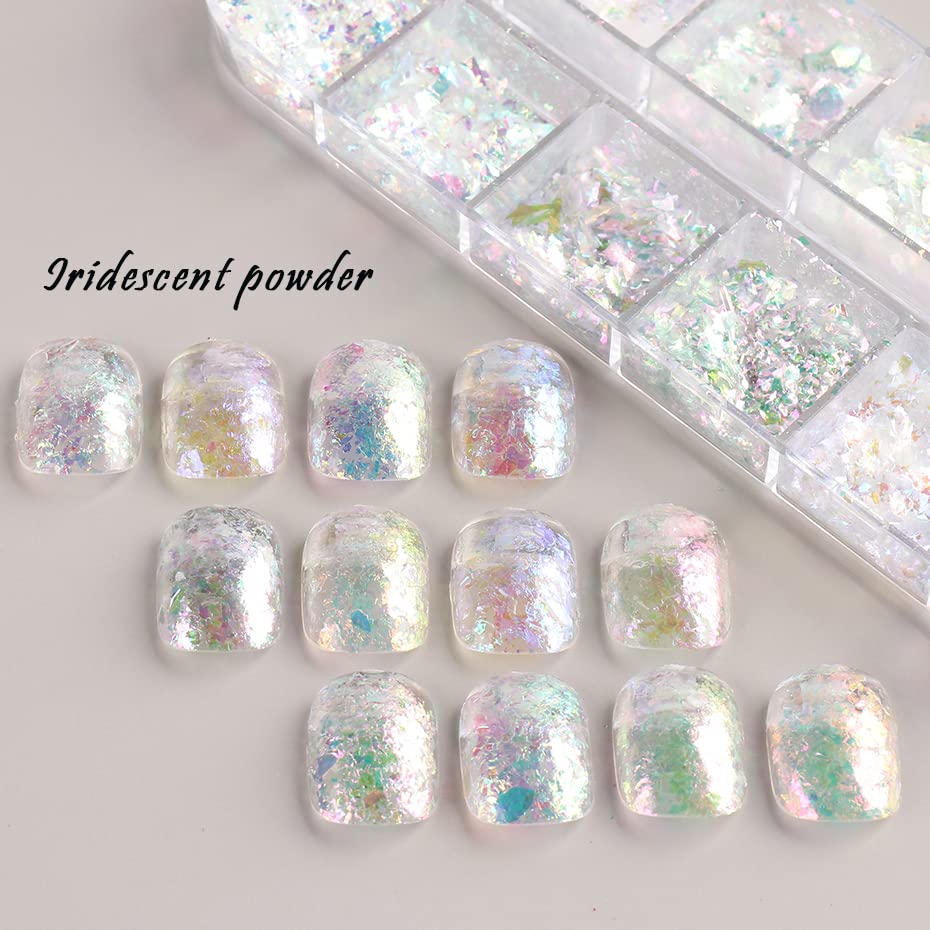 Holographic Nail Art Glitter Iridescent Flakes Nail Foil 12 Grids Mermaid Bright Colorful Star Gradient Ice Slag Nail Sequins Paillettes Summer N