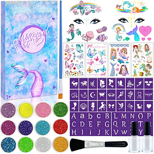 Lubibi Glitter Tattoo Kit, Mermaid Temporary Tattoo For Kids, 6 Tattoo Stickers,12 Colors Glitter,57 Unique Stencils,1 Jewel Sticker, Skin-Friend
