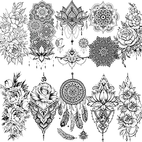 LAROI 10 Sheets Black Indian Lace Temporary Tattoos Flower Mandala Flower DreamCatcher Tattoos Temporary Adults Stickers Peony Girlsboys Body Art