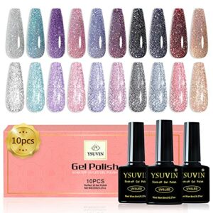 Yueshop 10 Pcs Reflective Glitter Gel Nail Polish Set - Shiny Glitter Silver Pink Purple Blue Sparkling Diamond Gel Nail Polish, Soak Off UV Gel