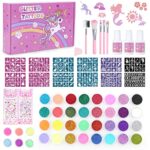 Highttoy Glitter Tattoos for Kids, Unicorn Temporary Glitter Tattoo Kit, 32 Colors Glitter, 6 Light Up Powder, 150 Stencils, 5 Brushes, 3 Glues,