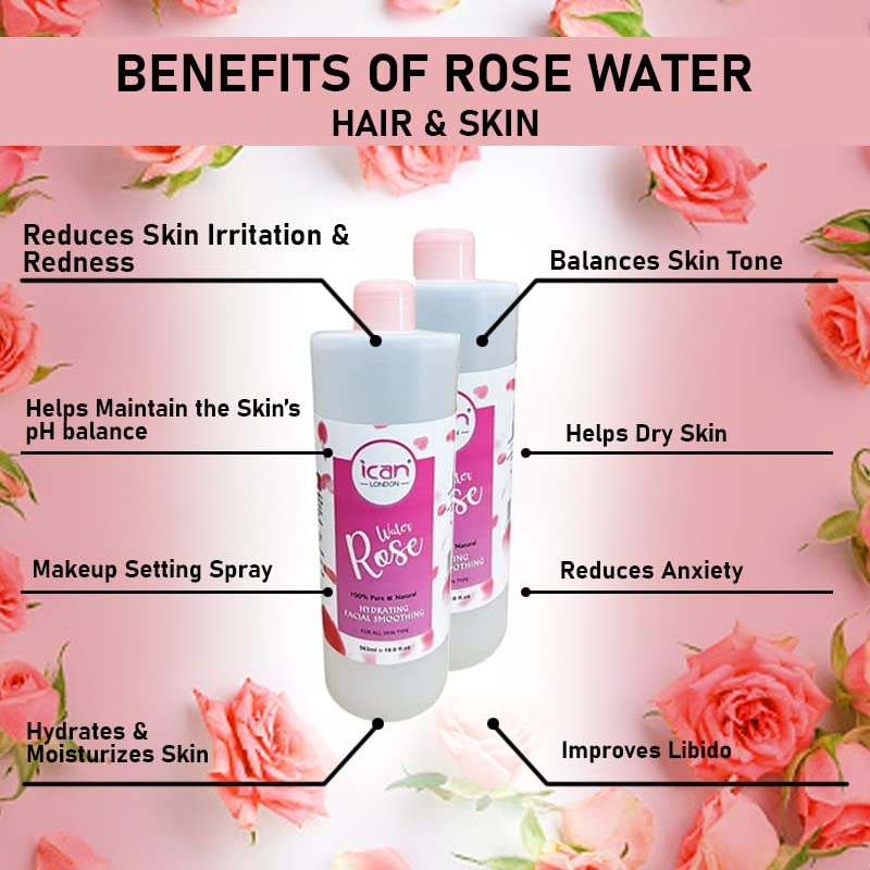 ican 100% Natural Rose Water, Hydrating and Purifying pure rose water 2 x 500ml ( 1000ml )