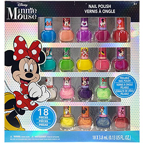 Disney Minnie Mouse - Townley Girl Non-Toxic Peel-Off Nail Polish Set for Girls, Glittery and Opaque Colors, Ages 3+ (18 Pieces)