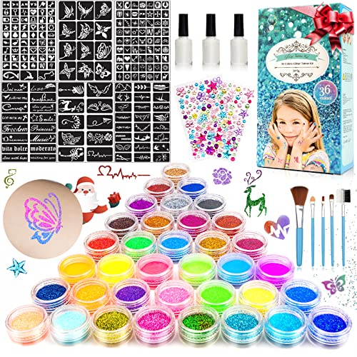 Glitter Tattoos for Kids, Temporary Tattoo Kit - 36 Colours Glitter, 182 Stencils, 6 Fluorescent, 215 Rhinestones, Skin Friendly Flash Make Up fo