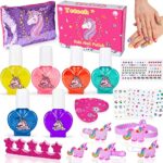 Lubibi 21 pcs Unicorn Nail Art Kit Paint & Sparkle Kids Water-Based Peel-off Nail Varnish Set with beautiful nail art stickers, Great Unicorn Gif