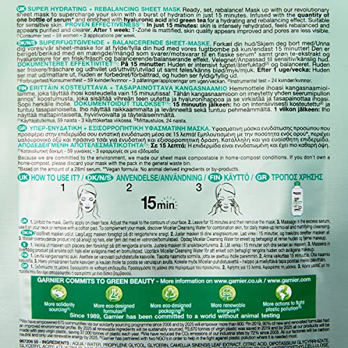 Garnier Moisture Bomb Green Tea and Hyaluronic Acid Sheet Mask, Hydrating & Rebalancing Face Mask, For Sensitive Skin, Biodegradable and Vegan Ti