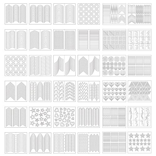 1275 pieces, 49 nail art designs, stencils, French tip guides, stickers, form fringe guides, vinyl, 36 sheets