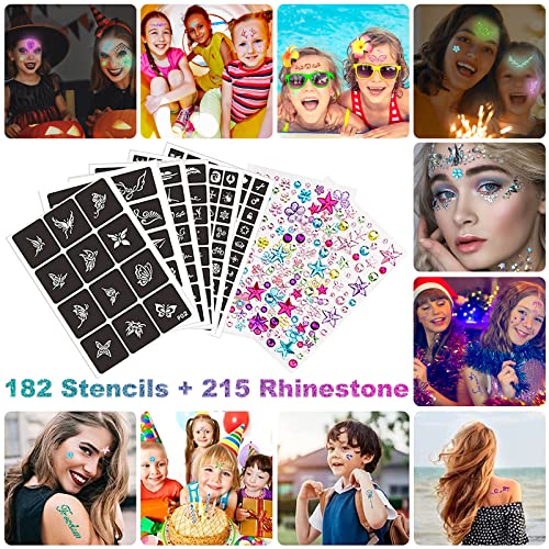 Glitter Tattoos for Kids, Temporary Tattoo Kit - 36 Colours Glitter, 182 Stencils, 6 Fluorescent, 215 Rhinestones, Skin Friendly Flash Make Up fo