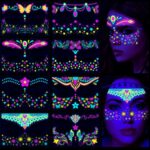 Kelamayi Neon Face Temporary Tattoo,8 Sheet Glow in the Dark UV Neon Face Tattoo Flash Fake Butterflies Waterproof Tattoos Stickers for Festival