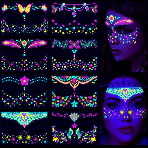 Kelamayi Neon Face Temporary Tattoo,8 Sheet Glow in the Dark UV Neon Face Tattoo Flash Fake Butterflies Waterproof Tattoos Stickers for Festival