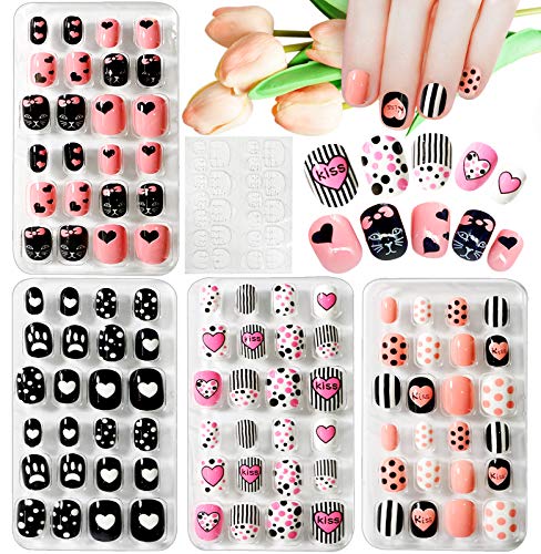 Kalolary 96PCS Kids False Nail, Children Nails Press on Pre-glue Full Cover Gradient Color Short False Nail Kit with 1pcs Nail Glue Sticker, Love