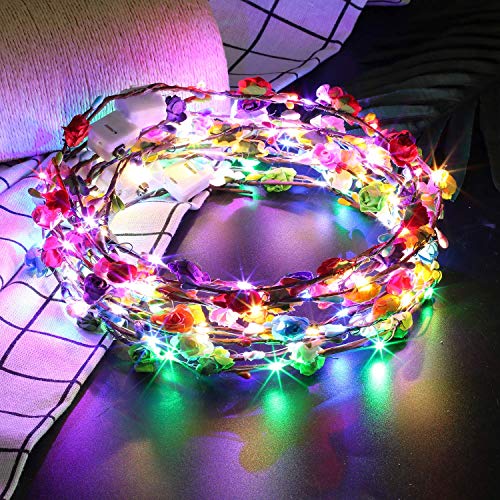 LED Flower Crown,12Pcs Light Up LED Flower Headband Luminous 10 Led Flowers Hair Bands Ladies Headdress for Holiday Christmas Halloween Glow Part