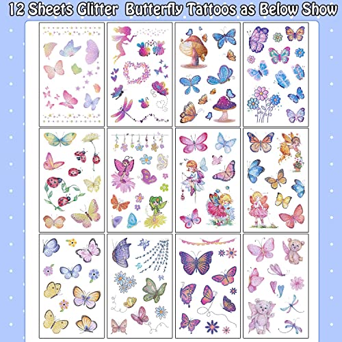 Leesgel 130 Styles Butterfly Glitter Tattoos for Kids, Butterfly Stickers, Temporary Tattoos for Girls Party Bag Fillers Birthday Decorations Fan