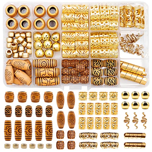 Hair Jewelry for Braids, 124 Pcs Gold Hair Beads Coils Dreadlocks Accessories Metal Jewelry Aluminum Hair Cuffs Decoration Imitation Wood Hair Ch