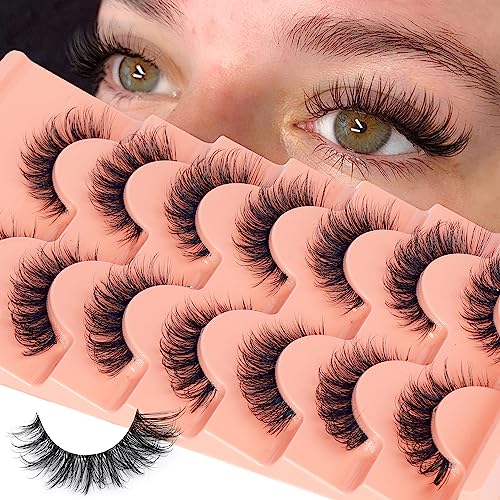 False Eyelashes Cat Eye Lashes 14mm DD Curl Russian Lashes Natural Strip Lashes Fluffy Eyelashes Russian Strip Lash Volume Fake Lashes 7 Pairs by