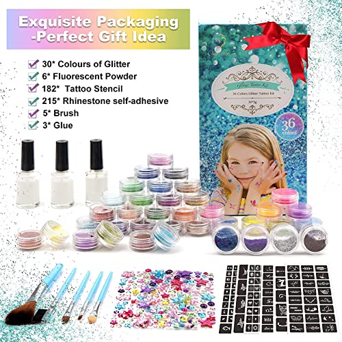 Glitter Tattoos for Kids, Temporary Tattoo Kit - 36 Colours Glitter, 182 Stencils, 6 Fluorescent, 215 Rhinestones, Skin Friendly Flash Make Up fo