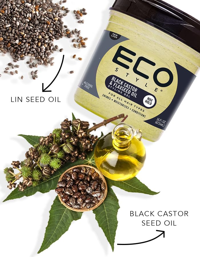 Ecostyle Black Castor And Flax Seed Oil, All Day Hold, Alcohol Free, Paraben Free, Sulphate Free, No Flaking, Anti-Itch, 473 ml