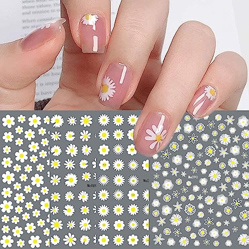 12 Sheets Spring Daisy Sunflower Nail Art Stickers Decals Self Adhesive Cute Summer White Yellow Flowers Floral Design Manicure Tips Nail Decorat