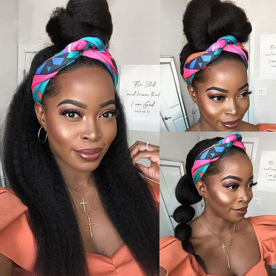 iShine Headband Wigs for Women Long Yaki Straight Headband Wigs for Black Women Afro Kinky Headband Synthetic Wig Glueless Headband Wigs with Bla