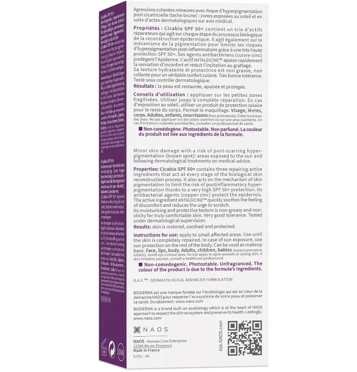 Bioderma Cicabio SPF50+ Cream - Repairing, Soothing & Protecting Cream with SPF 50+, Limits the Risk of Hyperpigmentation & Repairs Skin Exposed