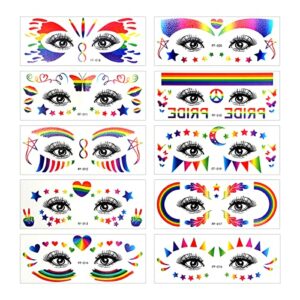 10 Sheets Rainbow Temporary Tattoos, LGBTQ Waterproof Facial Tattoos Stickers Party Supplies Decorations Gay Pride Accessories