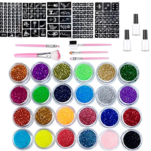 Glitter Tattoo Kit, Jiasoval 24 Colors Temporary Glitter Tattoos for Kids, 187Pcs Stencils, 5 Brushes, 3 Glue, Make Up Set for Girls Teenager Adu
