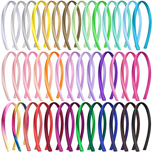 Duufin 40 Pieces Satin Headbands 1cm Plain Headband Craft DIY Headband Colorful Satin Covered Hair Band for Girls and Women, 40 Colours