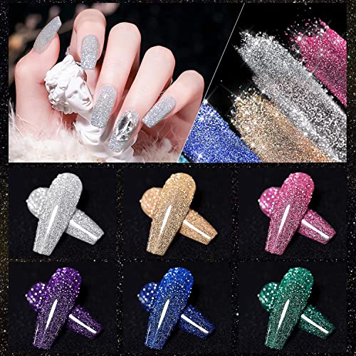 INPING Reflective Glitter Gel Nail Polish, 6 Colours Sparkly Shiny Diamond Flash In Darknight UV Polish, Sliver Gold Purple Blue Pink Green Disco