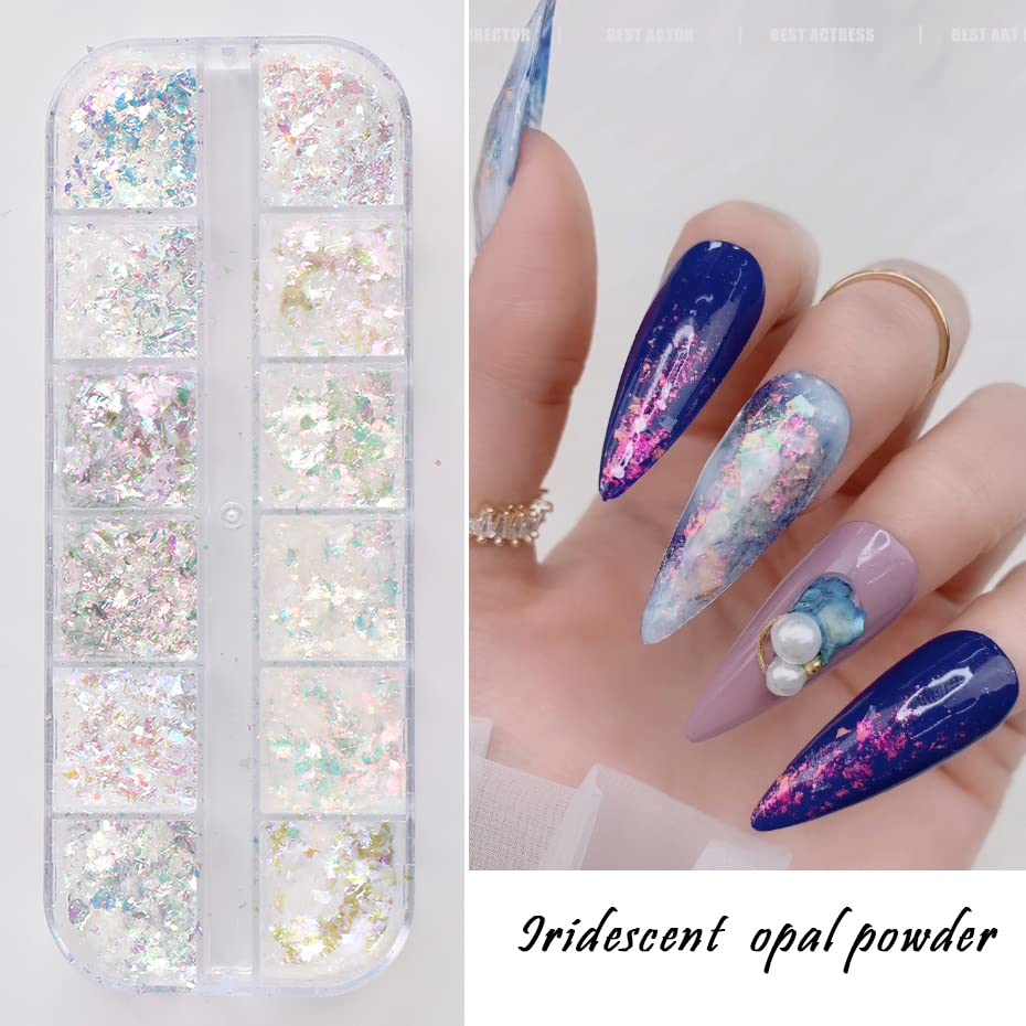 Holographic Nail Art Glitter Iridescent Flakes Nail Foil 12 Grids Mermaid Bright Colorful Star Gradient Ice Slag Nail Sequins Paillettes Summer N