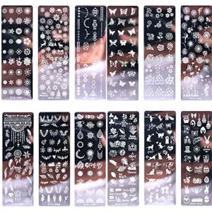 12 PCS Nail Stamp Templates,Nail Stamping Plates Set, 1stamper 1scraper 20Fake Nails- Art Stamping with Flower Butterfly Animal Design Metal Imag