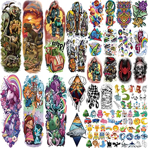Kids Full Arm Temporary Tattoo 52 Sheets Fake Tattoos, Temporary Tattoos Realistic Dinosaur Monster Car Shark Planet Spider for Boys, Princess Ca