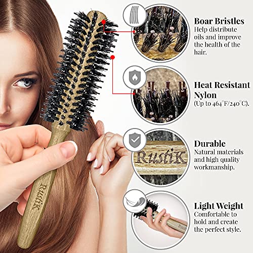 Round Hair Brush and Cotton Travel Bag by RustiK, Stiff Nylon and Boar Bristles, Eco Friendly, Curl Enhancing, Blow Drying, Styling, Adding Volum
