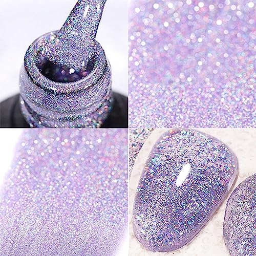 Glitter Gel Nail Polish - GLitter Holographic Gel Polish - Shiny Light Purple Nail Polish Soak Off UV Nail Gel Sparkly Spring Summer Gel Nail Art