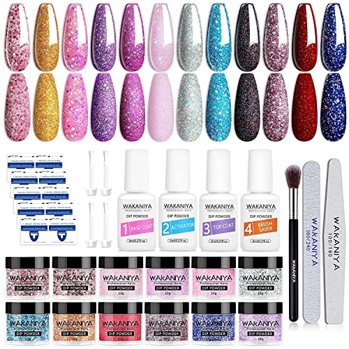 Nail Dipping Powder Kit Starter, wakaniya 12 Colors Pink Glitter Dip Powder Nail Kit with Activator, Base Top Coat and Manicure Essential Tool Se